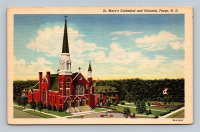 #ad Fargo North Dakota Postcard quot;St. Mary#x27;s Cathedral and Groundsquot; Linen $3.99