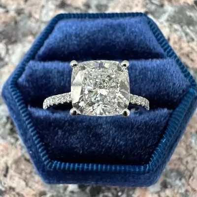 3.30 TC Cushion White Diamond Hidden Halo Engagement Ring 14K White Gold Plated