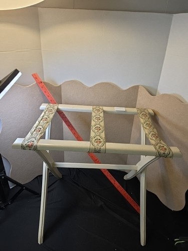 *Vintage Wood Folding Luggage Suitcase Rack Scheibe Stand Tapestry Straps White.