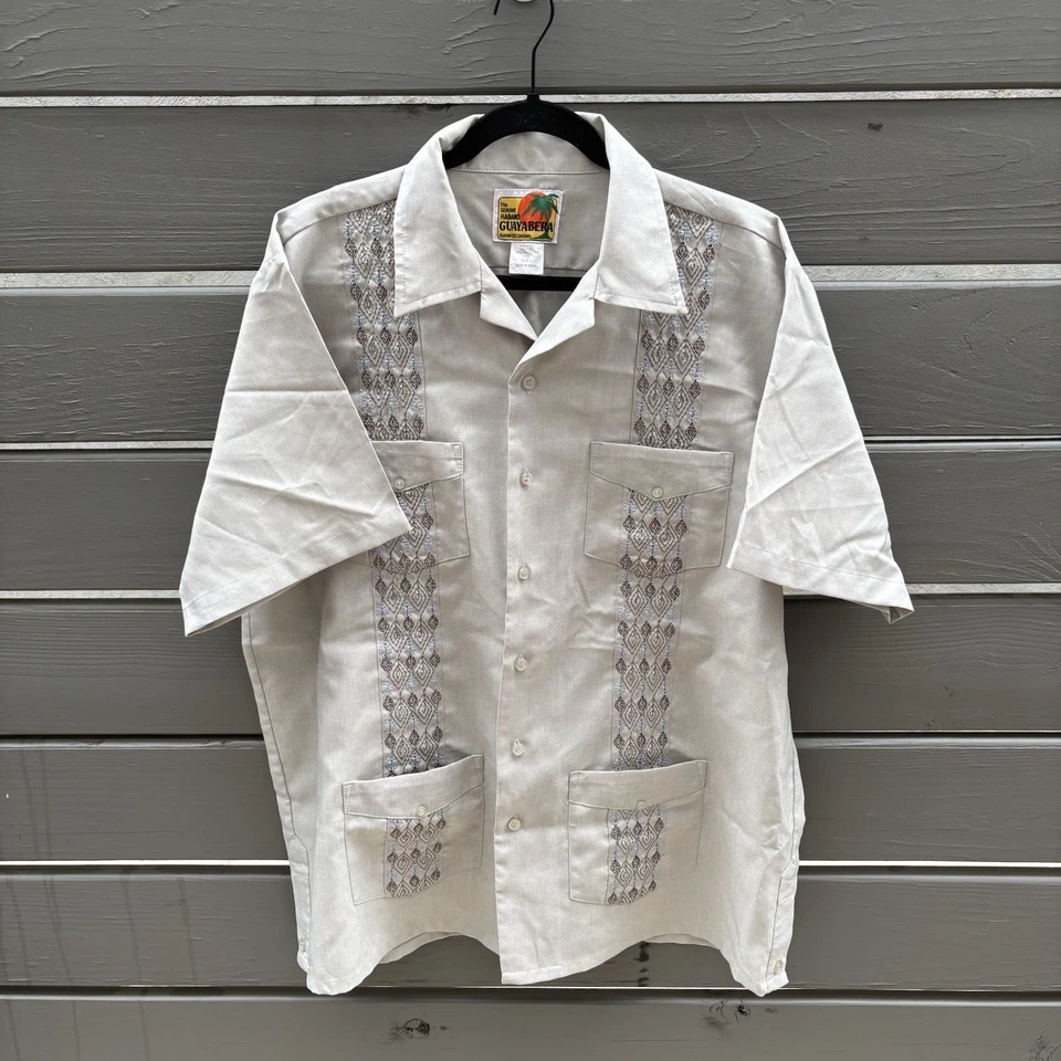 Haband Guayabera Shirt Mens L Beige Embroidered Camp 4 Pocket Tropical Casual - Image 2 of 4
