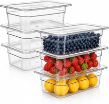 6 Pack Plastic Clear Food Pans W/ Lids 1/3 Size 4 Inch Deep Stackable Commercial