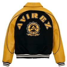 Men's Avirex Black & Yellow USA Bomber Icon Real Cowhide Leather & Wool Jacket