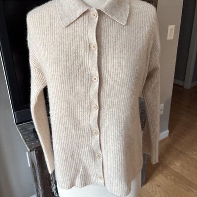 Magaschoni 100% Cashmere Ribbed Cardigan Sweater Cream Collared Medium Coastal