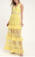 Lulus Garden Dreams Yellow Lace Tiered Maxi Whimsical Dress Sz Wedding Boho Sz M