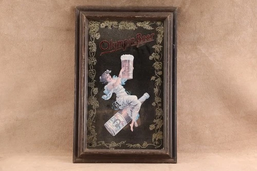 Vintage Wood Framed Olympia Beer Mirror 23.5" x 13.5" Collectible Bar Mirror