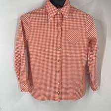 VTG 60s orange and white gingham checkered print polyester Shirt Button Up