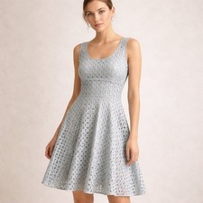 Ann Taylor LOFT Eyelet Fit & Flare Dress 10 Pale Blue Sleeveless Summer Garden