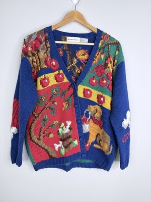 Vintage Alexandra Bartlett Knit Cardigan Fall Dog Cat Apples Sweater Size PL