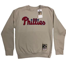 NWT Mitchell & Ness Phillies Logo Sweatshirt S Cream Cooperstown Collection Crew