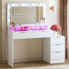 Fluted Vanity Desk with Mirror and Lights, Makeup Vanity Desk with Glass Top