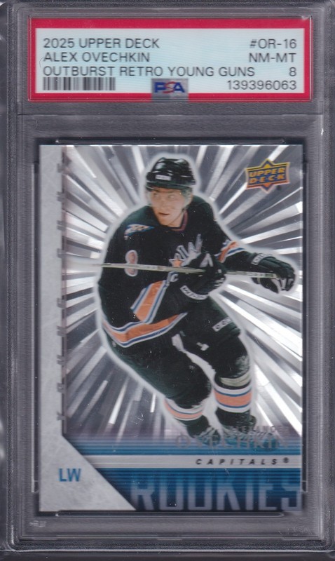 ALEX OVECHKIN - 2025 Upper Deck Young Guns Retro Silver Outburst #OR-16, PSA 8