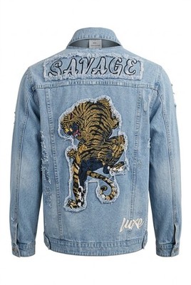 American Bazi Denim Jacket Mens Large Blue Painted Savage Tiger Streetwear 