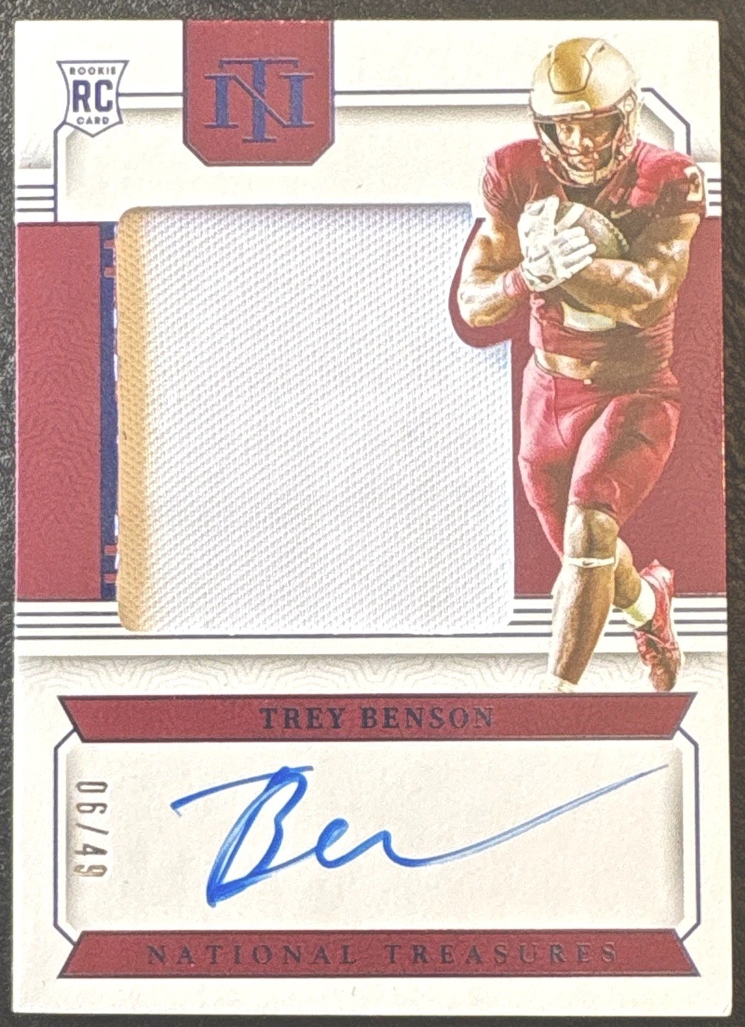 2024 National Treasures College Sig Trey Benson #CCS-TB Blue /49 (AU, MEM, RC)