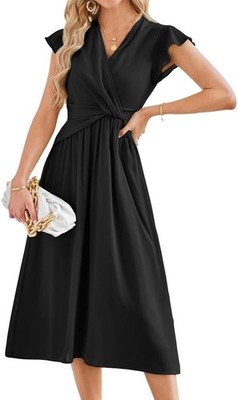 Damen Chiffon Kleid A-Linie V-Ausschnitt Rüschen Flatterärmel schwarz Größe L