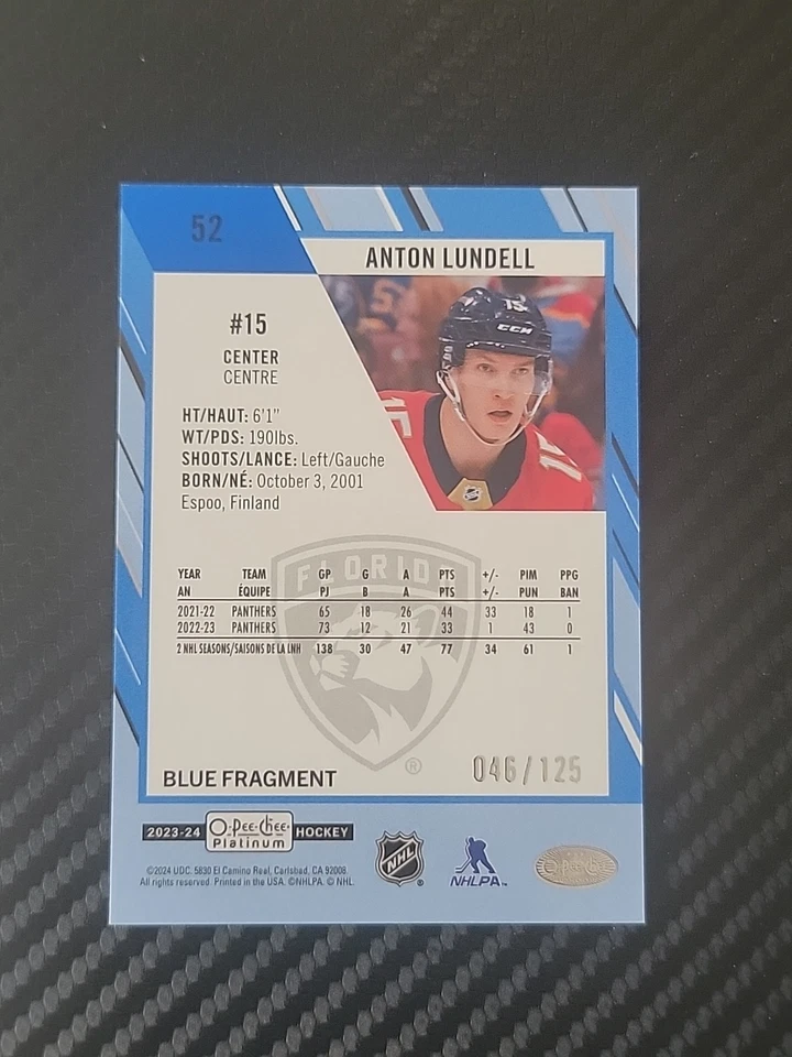 2023-24 O-Pee-Chee Platinum Blue Fragment #52 Anton Lundell /125 - Image 2 of 3