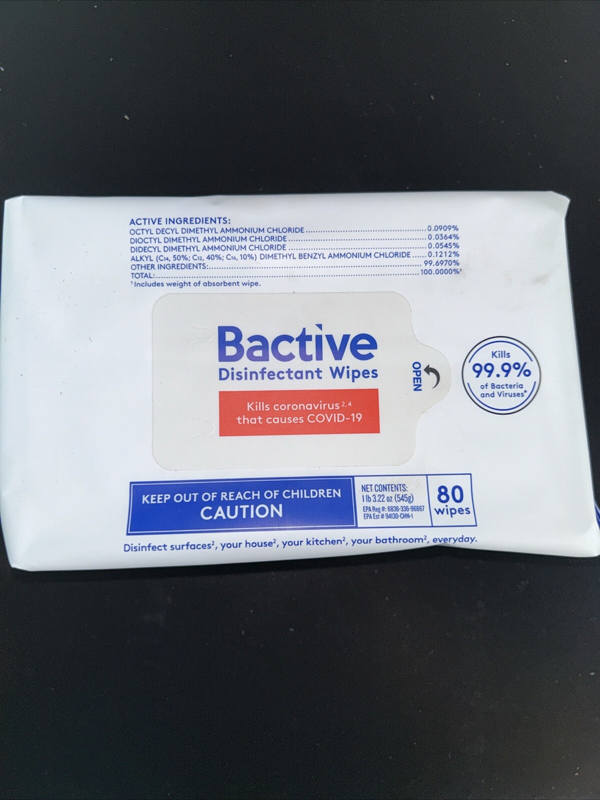 BACTIVE DISINFECTANT WIPES 18 PACK, 1,440 WIPES To A Case.