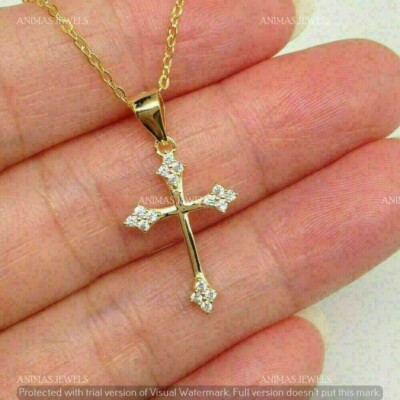 14K Yellow Gold Plated 1.50 CT Round Cut Moissanite Religious Cross Pendant 18''