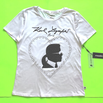 New KARL LAGERFELD Paris Women s Short Sleeve T-Shirt SMALL White w/Black,Silver