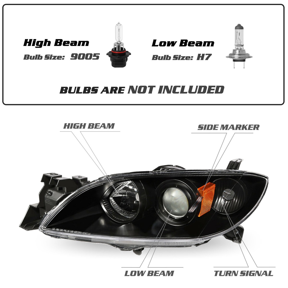 For 2004-2009 Mazda 3 Sedan Black Housing Amber Corner Projector