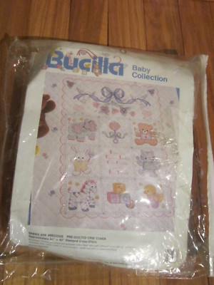 Bucilla Pre Quilted Stamp Cross Stitch Crib Cover PRECIOUS BABIES 34'' X 43  #T31