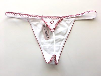 Victoria's Secret - M Heart Trim Cotton V-String Panty - White Red Medium Thong