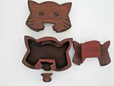 Cat Face Puzzle Trinket Box Signed Larissa Scott Wood Hidden Stash Jewelry