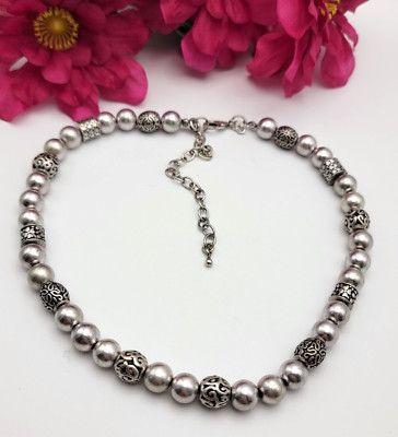 Premier Designs Silver-Tone Ball & Filigree Bead Necklace 20in Adjustable Lobste