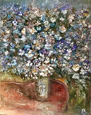 Bouquet of white and blue flowers in a vase original oil impasto painting