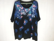 Catherines Top 3X Black Blue Floral Hawaiian Tropical Short Sleeve Scoop Neck