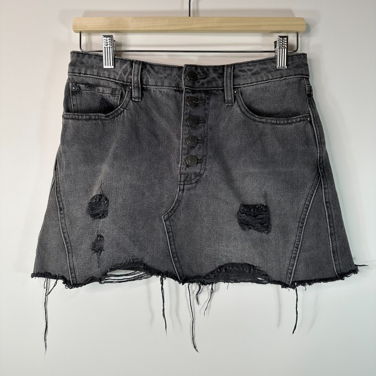 We The Free People Button Fly Distressed A-Line Denim Mini Skirt