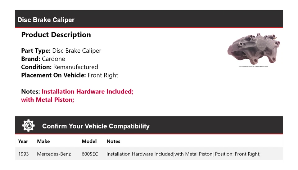 Pinza de freno de disco delantera derecha cardone para Mercedes-Benz 600SEC 1993 Foto 2 de 4