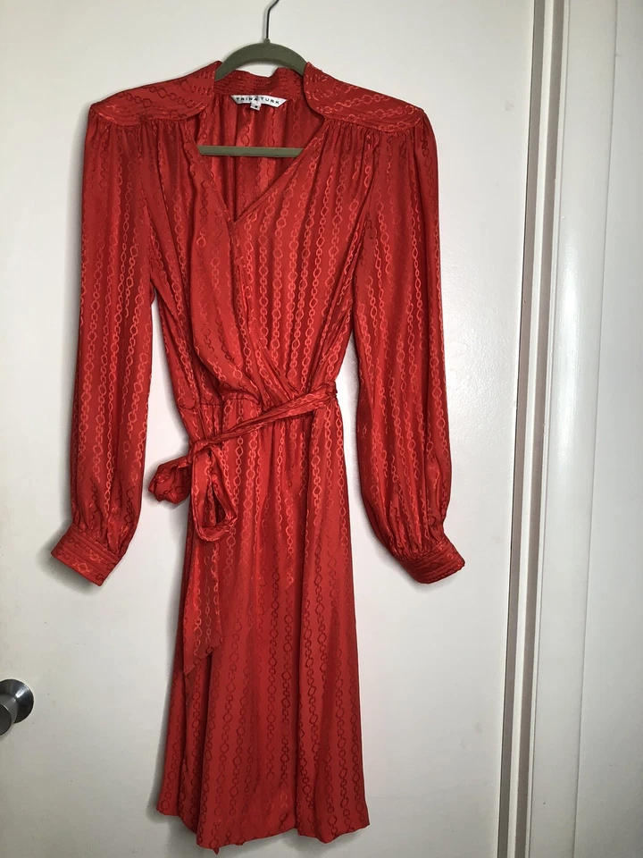 Vestido Vintage Trina Turk Fresa Rosa Coral Caliente Talla 8 Seda Con Mangas Largas Foto 3 de 4
