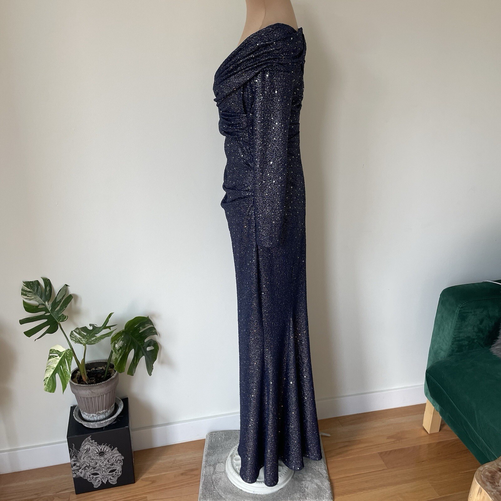 Talbot Runhof Mermaid Royal Navy Glitter Sequin Off The Shoulder Metallic Gown 8 image 2