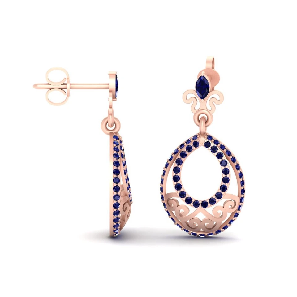 Created Blue Sapphire Drop Dangle Earrings Rose Gold Wedding Earrings for Women - Image 2 of 4
