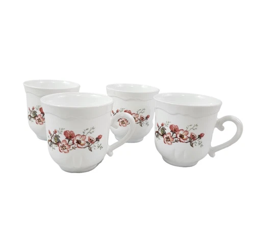Arcopal France White Milk Glass w/ Pink Cherry Blossoms Mugs Cups – Set of 4