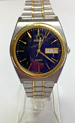 Pulsar Mens Watch Two Tone Black Dial Day/Date Y143-X003 New Battery