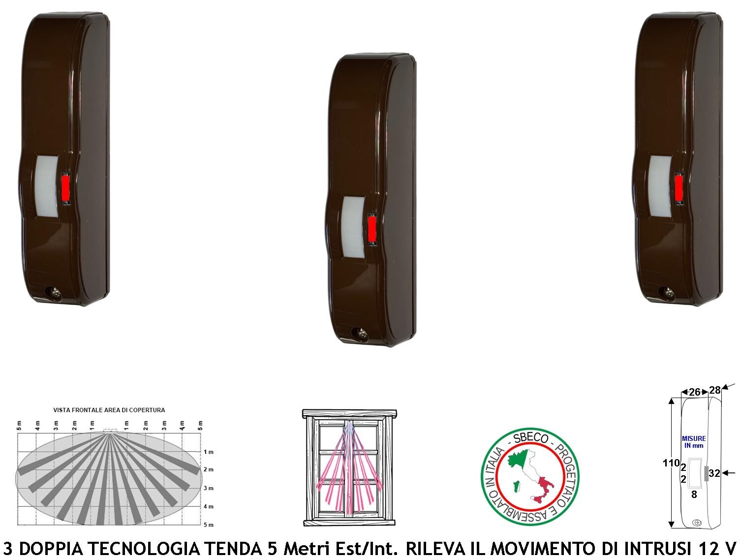 Rileva Ladri Movimento Antifurto Vano Finestra 3 Doppia Tecnologia Marroni Tenda