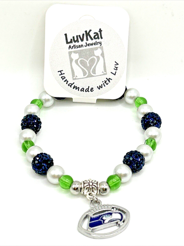 8" Seattle Seahawks Football Lime/Navy Gray Glass Beads Stretch Charm Bracelet - Picture 4 of 4