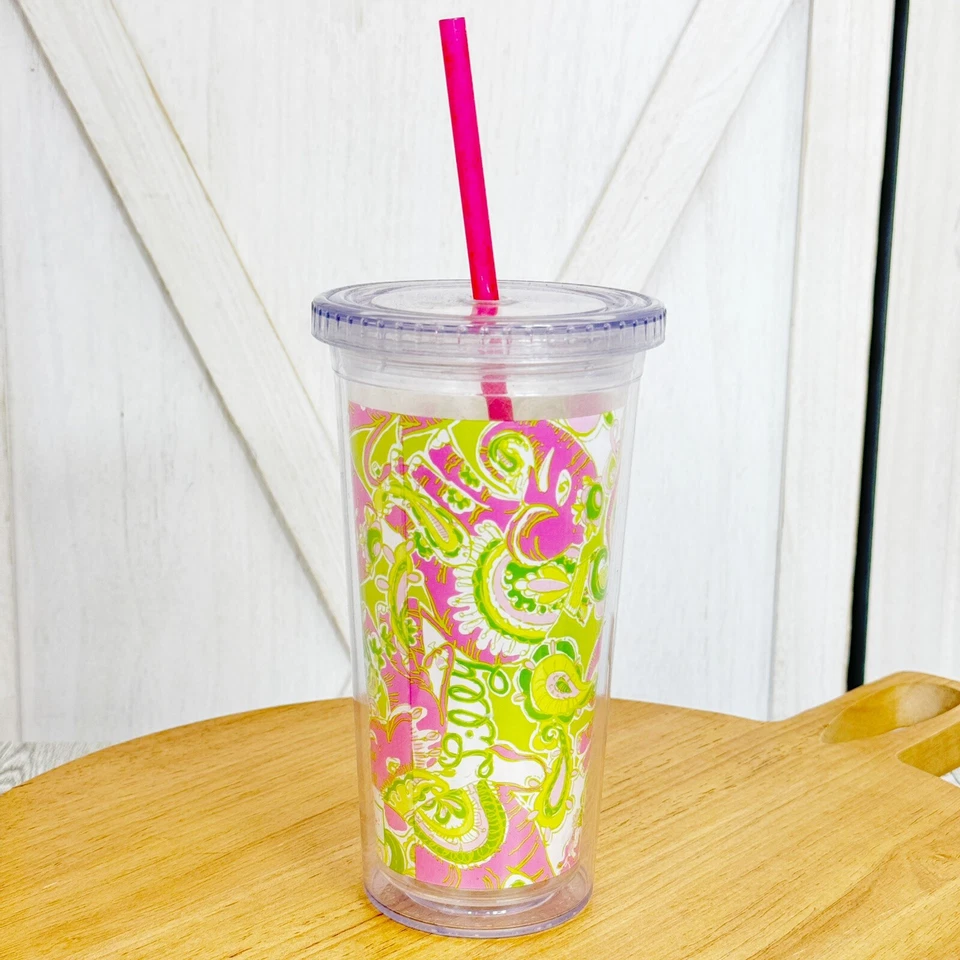 Copo de acrílico Lilly Pulitzer Elephants rosa verde 20 oz tampa palha - Imagem 4 de 4