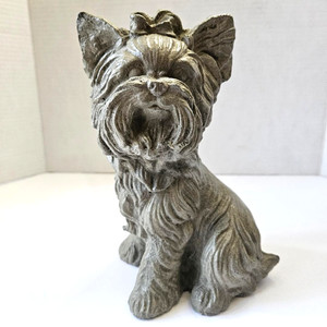 Vtg Detailed Concrete 8" Tall Yorkshire Terrier Puppy Figurine/Statue with Bow.
