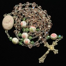 Handmade Madonna and Child Cameo Porcelain Rosebud Pink Glass Rosary 23in