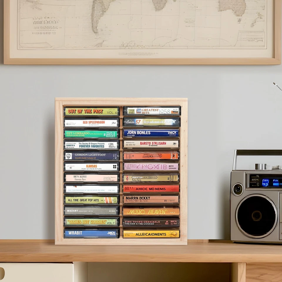 Estante de almacenamiento de cinta de casete, soporte de cinta de casete de madera de 24 ranuras, montaje en pared o... Foto 3 de 4