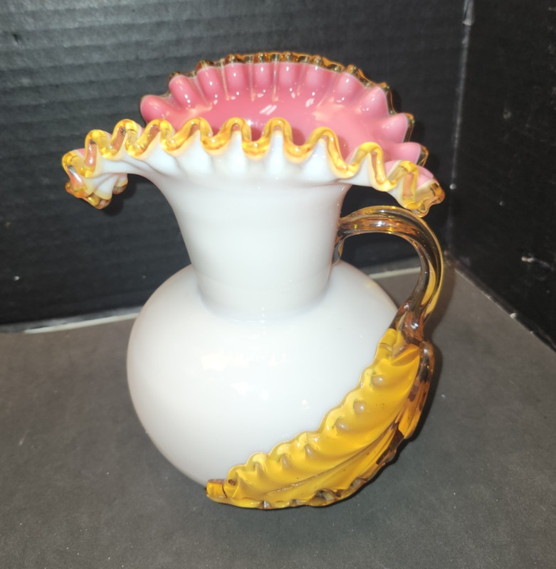 Victorian Stevens & Williams Peachblow Cased Glass Applied Leaf Handle Pitcher
