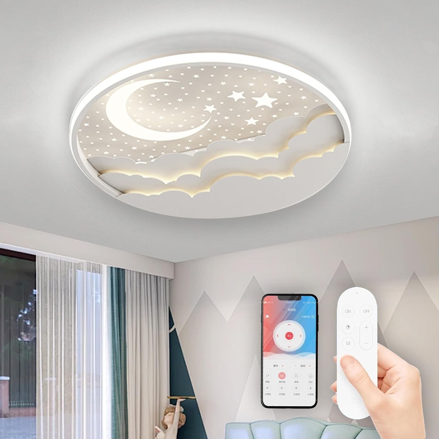 Lámpara de Techo Estrella Luna Con Mando a Distancia LED Regulable Lámpara de Techo Salón