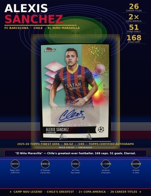 2025-26 Topps Finest UEFA Alexis Sanchez Auto Teal /199 BA-SZ FC Barcelona Chile