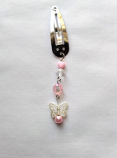 Pink Heart Hair Clip Barrette Butterfly Bead Linear Dangle Handmade Accessory