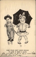 Comic Don't Know Enough to come in when rains Kids umbrella 1912 postcard