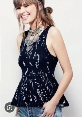 Free People Women s Flared Bohemian Scoop Stylish Black And White Sweater Top M