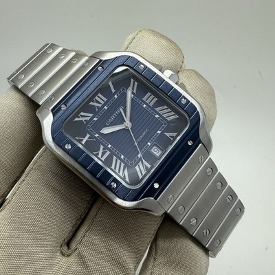 2023 Cartier Santos Blue Bezel Blue Dial Steel Auto Large Watch WSSA0048 w/ Box