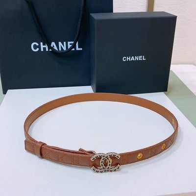 Chanel Women's Brown Leather Belt Gold CC Crystal Logo Buckle Size 80